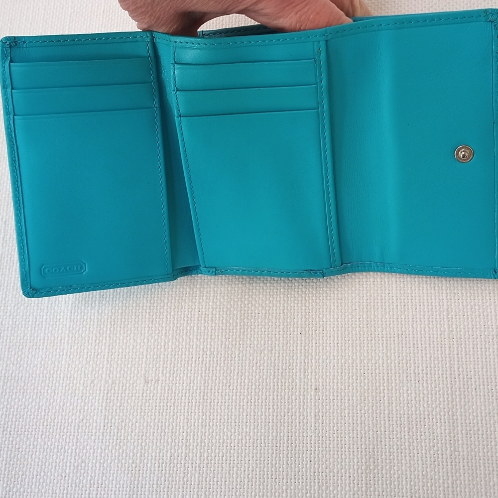 Coach Stunning Aqua Blue Leather & Canvas Compact Wallet - Picture 3 of 11
